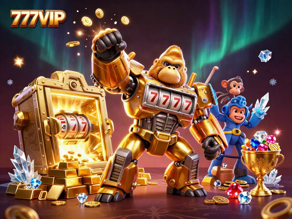 Experience dynamic action with the golden gorilla mech in a dazzling 777VIP casino scene.