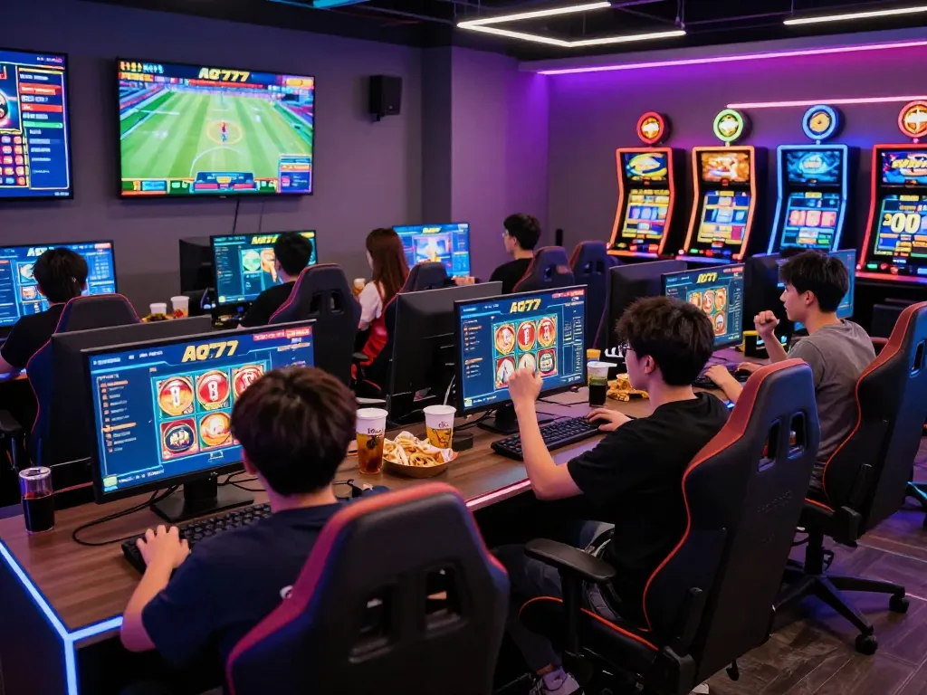 Exciting gaming scene at AQ777 platform showing players enjoying various online casino games and sports betting.