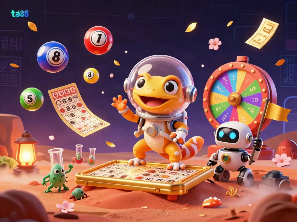 Join ta88's Martian gecko in a golden casino adventure filled with vibrant gambling elements.