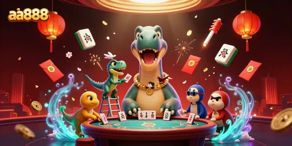 The aa888 platform brings excitement with a whimsical casino scene featuring a towering brontosaurus and a clever raptor dealing cards.