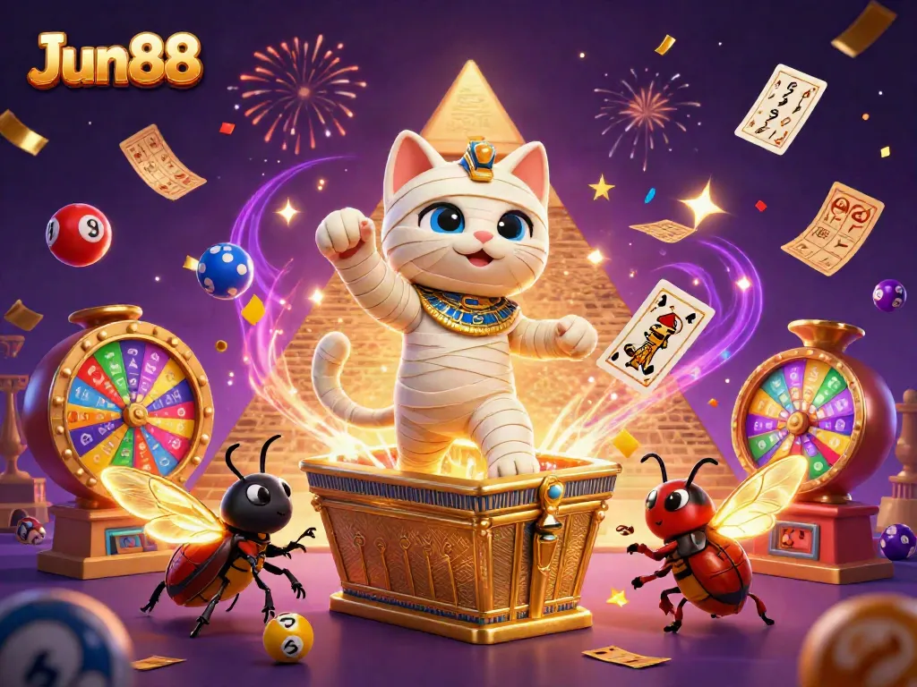 Experience exciting gameplay at Jun88 with a vibrant scene featuring a mummy cat, gold elements, and colorful lottery elements.