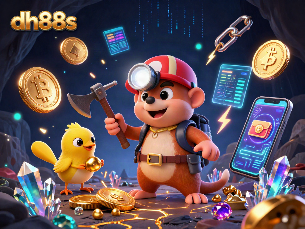 Experience the thrill of dh88s as treasure hunter moles uncover golden gems amidst glowing crypto elements.