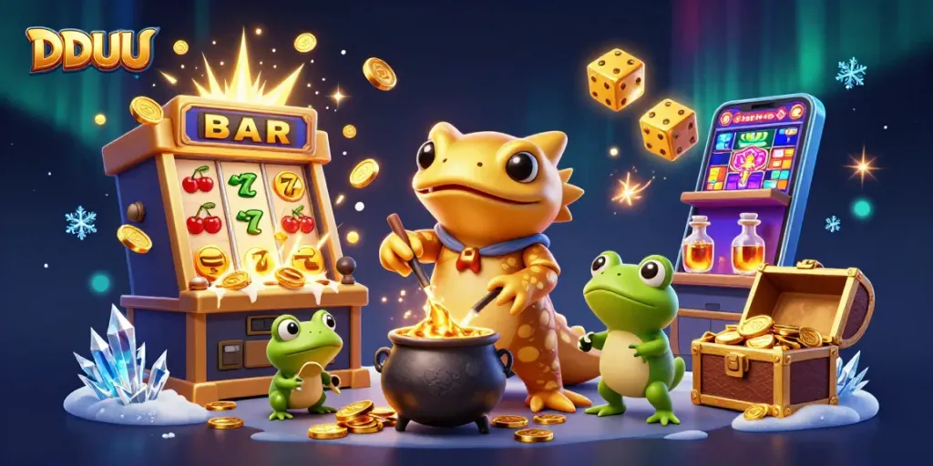 Engage with DDUU's thrilling casino universe featuring vibrant slot machines and magical alchemical themes.