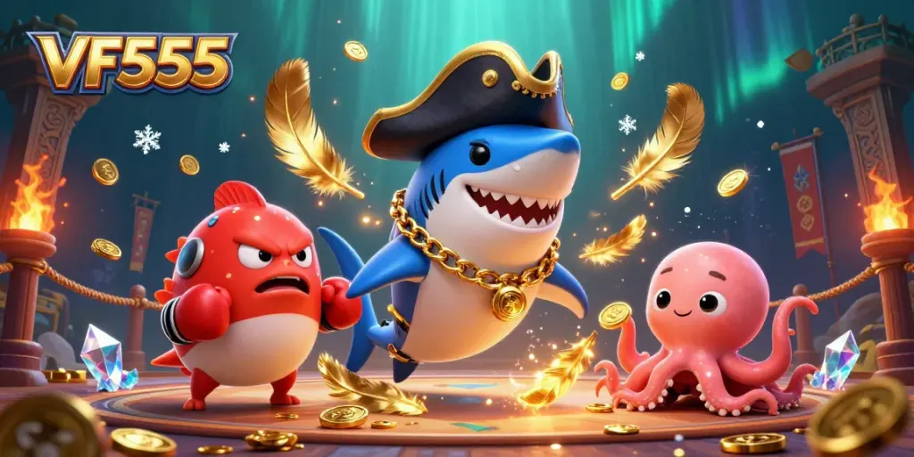 Win big at VF555 with exciting games featuring a pirate shark, coins, and a vibrant casino scene.