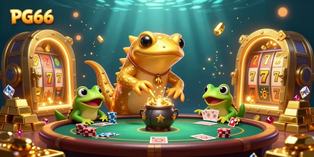Experience the excitement of PG66 with a vibrant 3D casino scene featuring dynamic characters and sparkling treasures.
