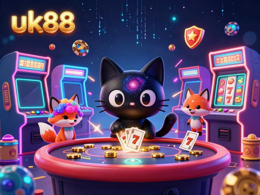 Experience thrilling gaming excitement at uk88 with a 3D cartoon black hole cat at a cosmic casino table.