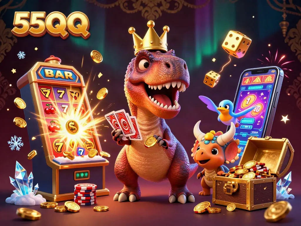 Experience the vibrant world of 55QQ casino with a lively T-Rex and gold chips in action.