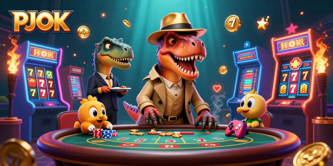 PJOK highlights vibrant casino gaming with a velociraptor card counter, vivid slot elements, and dynamic arcade settings.