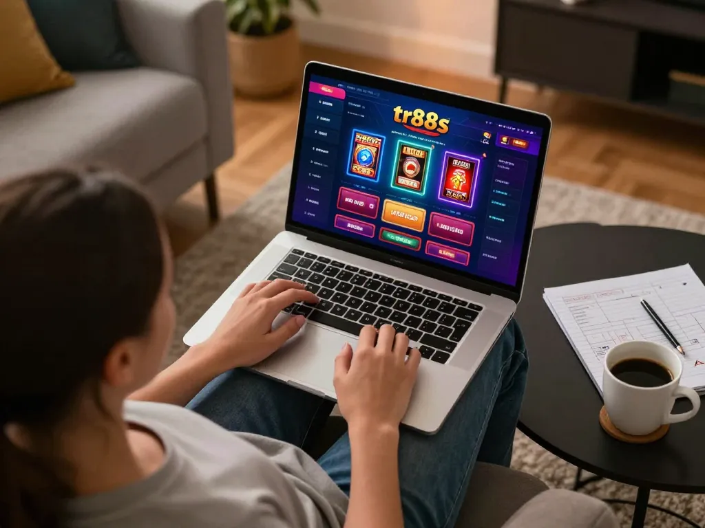 Engaging in strategic play on tr88s online casino platform in a cozy home setting.