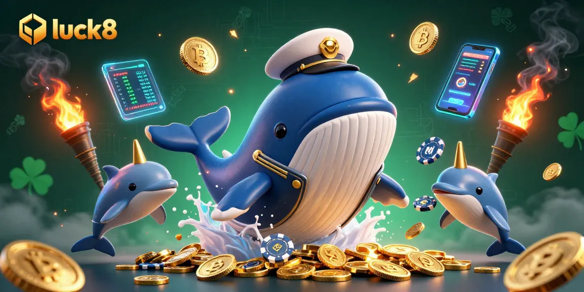 Engage with luck8 by diving into a scene with a whimsical whale and crypto elements.