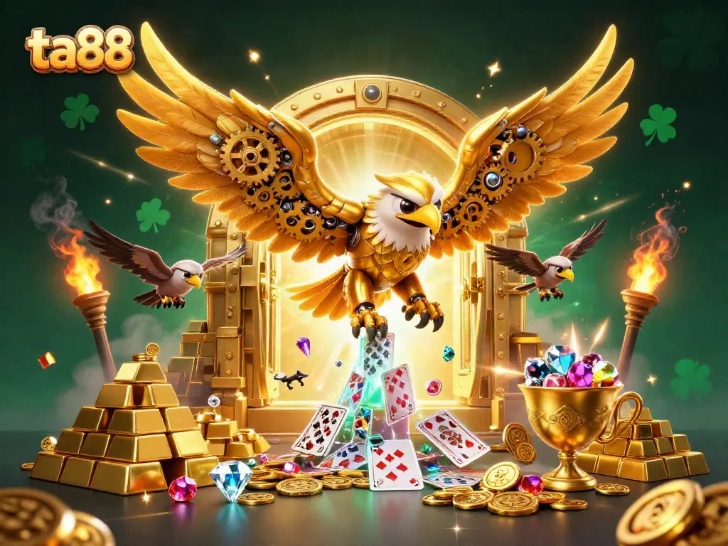 Witness a ta88 player winning big with a golden eagle among dazzling casino treasures.
