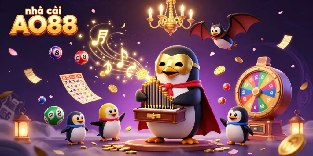 Experience the dynamic action at nhà cái AO88 with a penguin and bat in a colorful, lively casino scene.