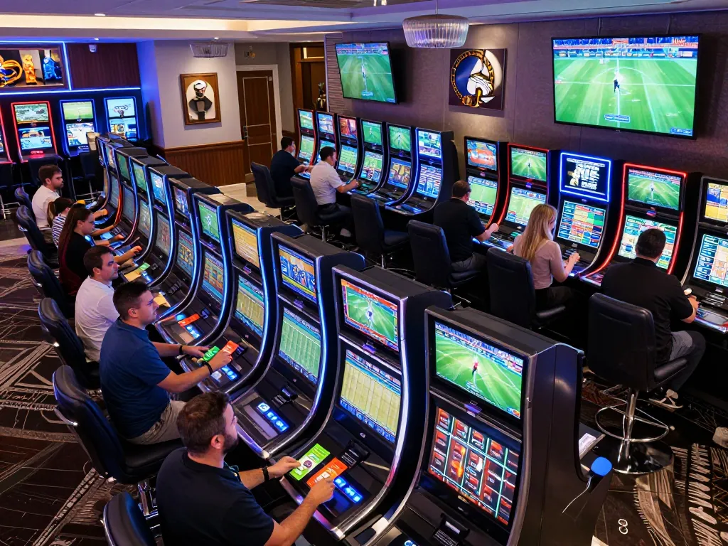 Excited patrons betting on live sports at 22ff.br.com in a modern casino.
