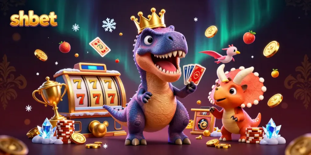 Shuffle cards and stack chips with shbet's vibrant casino adventure featuring dinosaurs.
