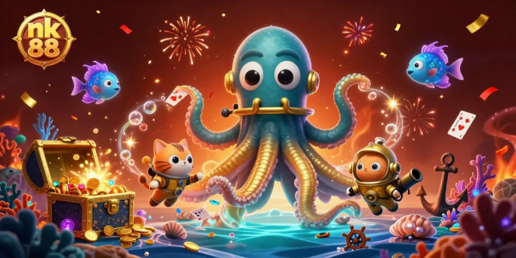 Engage with exciting adventures at nk 88, featuring a kraken, diving cat, and brilliant treasures.