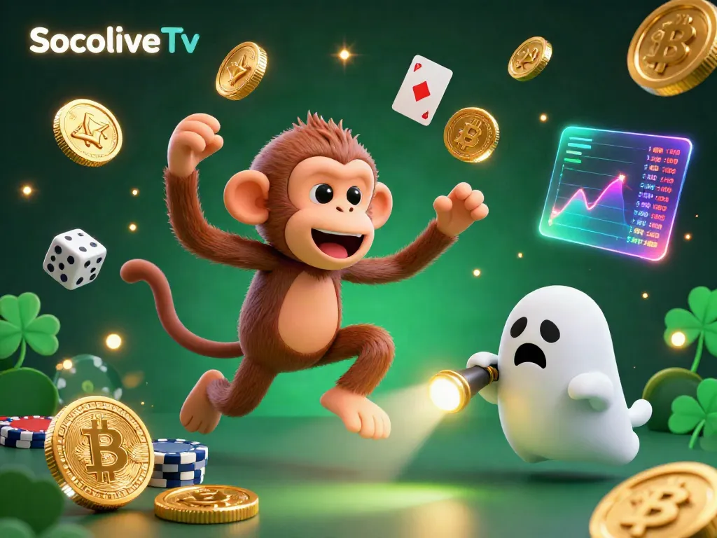 Engage with SocoliveTv while tracking a playful poltergeist monkey juggling golden casino items in a vibrant setting.