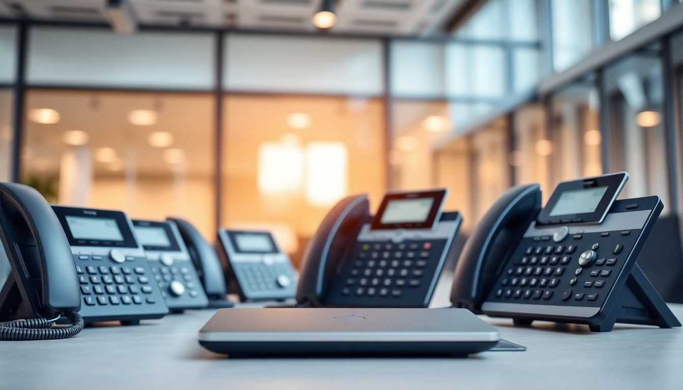 Showcase of business phone systems demonstrating advanced communication technology in an office.