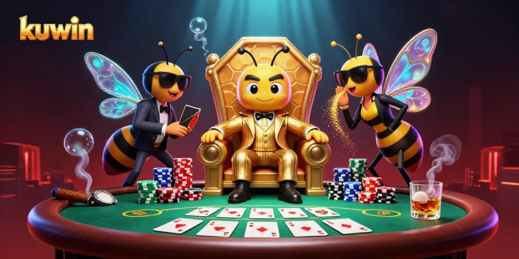 Engage in thrilling poker with kuwin featuring a playful bumblebee mob boss and vibrant casino elements.