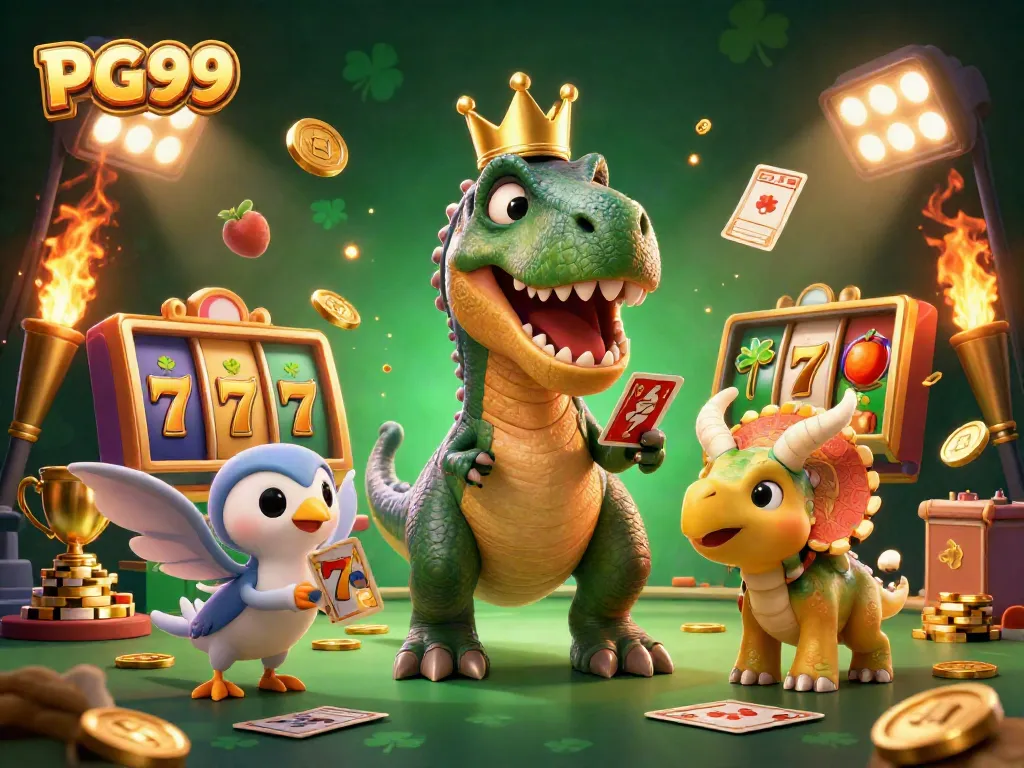 Engage in the thrilling PG99 casino experience with a friendly dinosaur dealer and vibrant game elements.