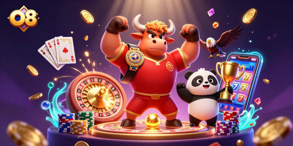 O8 players celebrating wins with golden trophies and coins in action-packed casino scene