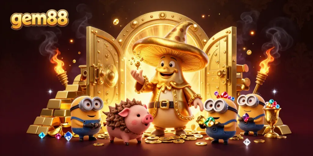 Experience gem88 magic in a vibrant casino scene with golden treasures and exciting game elements.