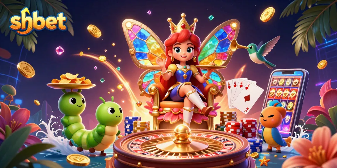 Engage with shbet's casino excitement featuring a butterfly queen, golden chips, and dazzling gaming elements.