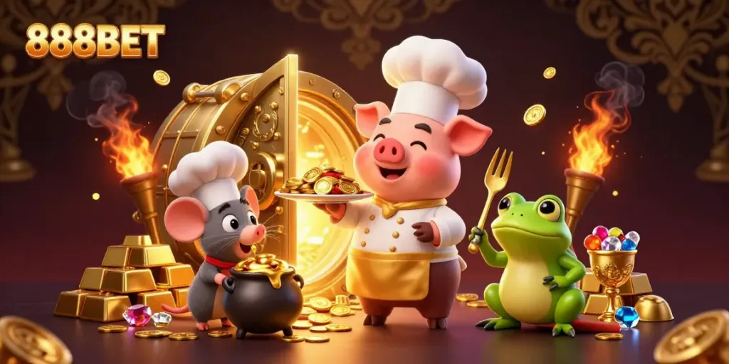 Experience the excitement of 888BET with gold coins, jewels, and casino characters serving gourmet betting fun.