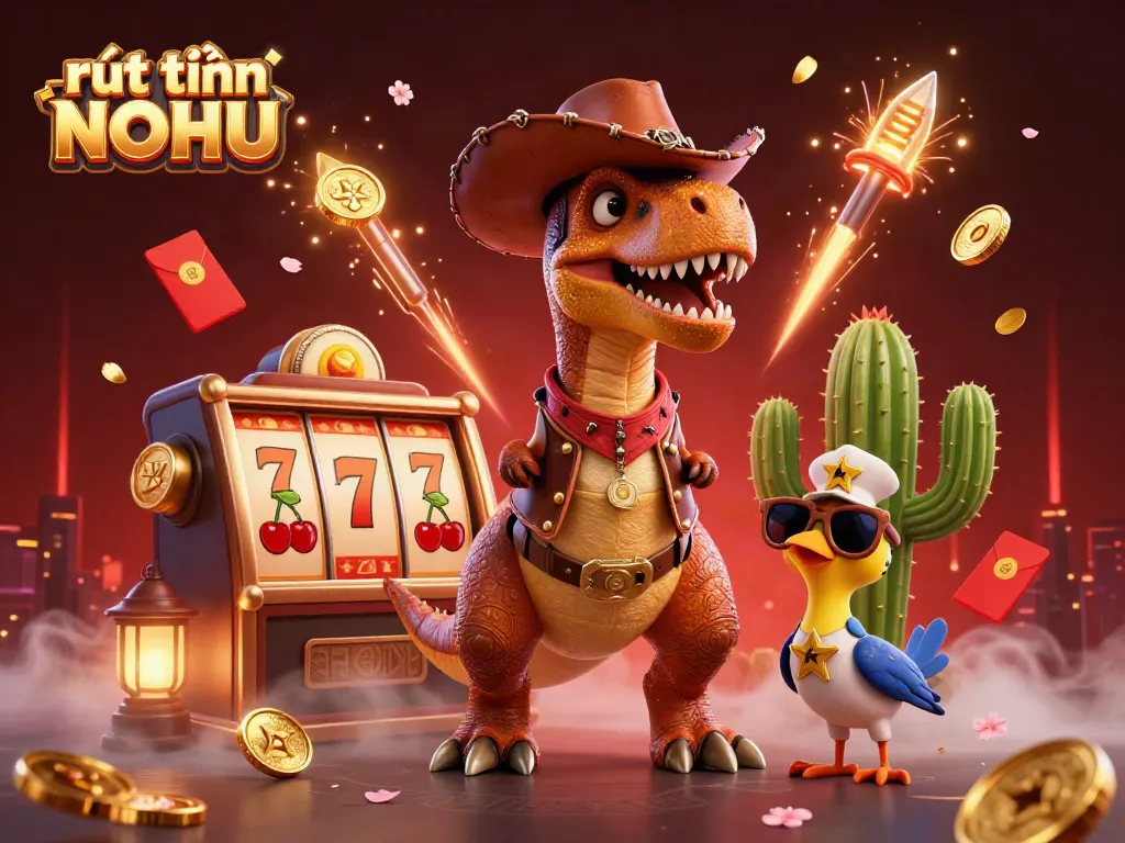 Engaging illustration of rút tiền NOHU featuring a T-Rex cowboy with elements of slot jackpots and festive decorations.