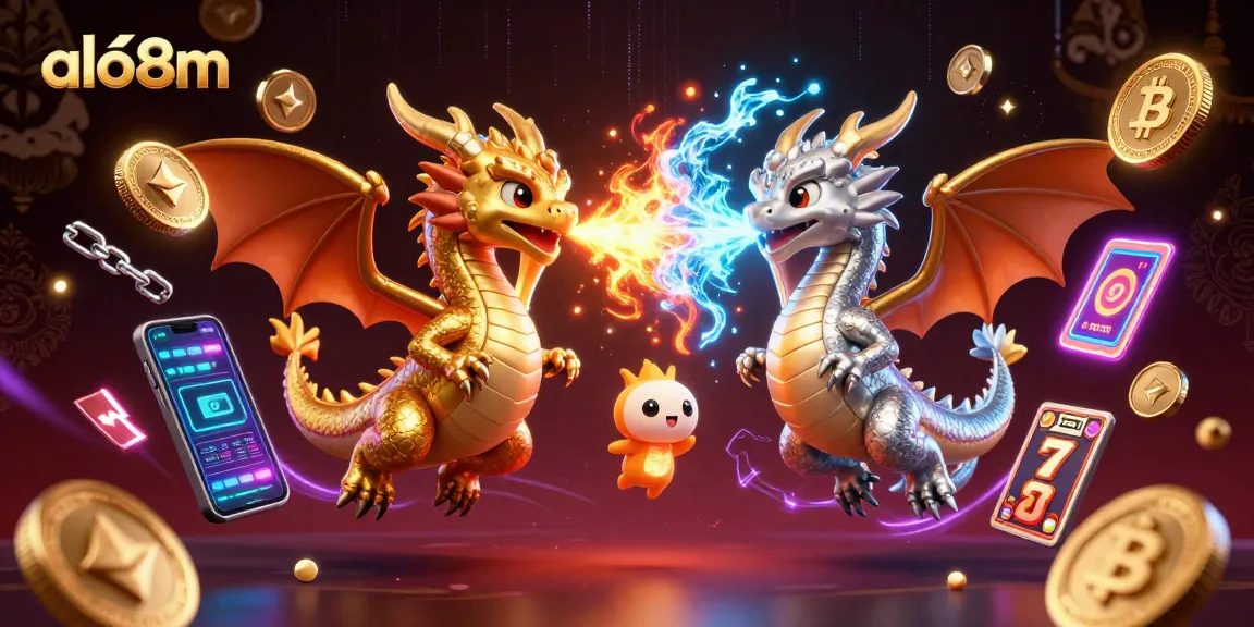 Engage in thrilling slot gaming with alo8m, featuring dynamic dragons and vivid crypto illustrations.