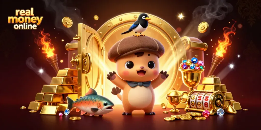Experience real money casinos online with vibrant characters and golden treasures in this detailed 3D illustration.