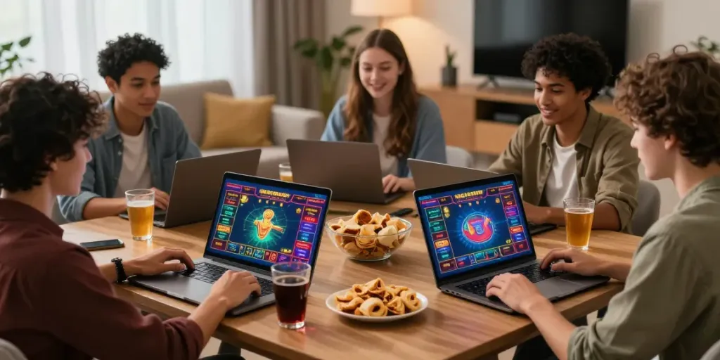 Online gaming with friends enjoying GEM88's live casino experience.