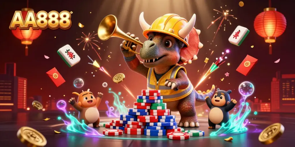 Experience engaging gaming moments at AA888 with vibrant characters and casino elements lighting the scene.