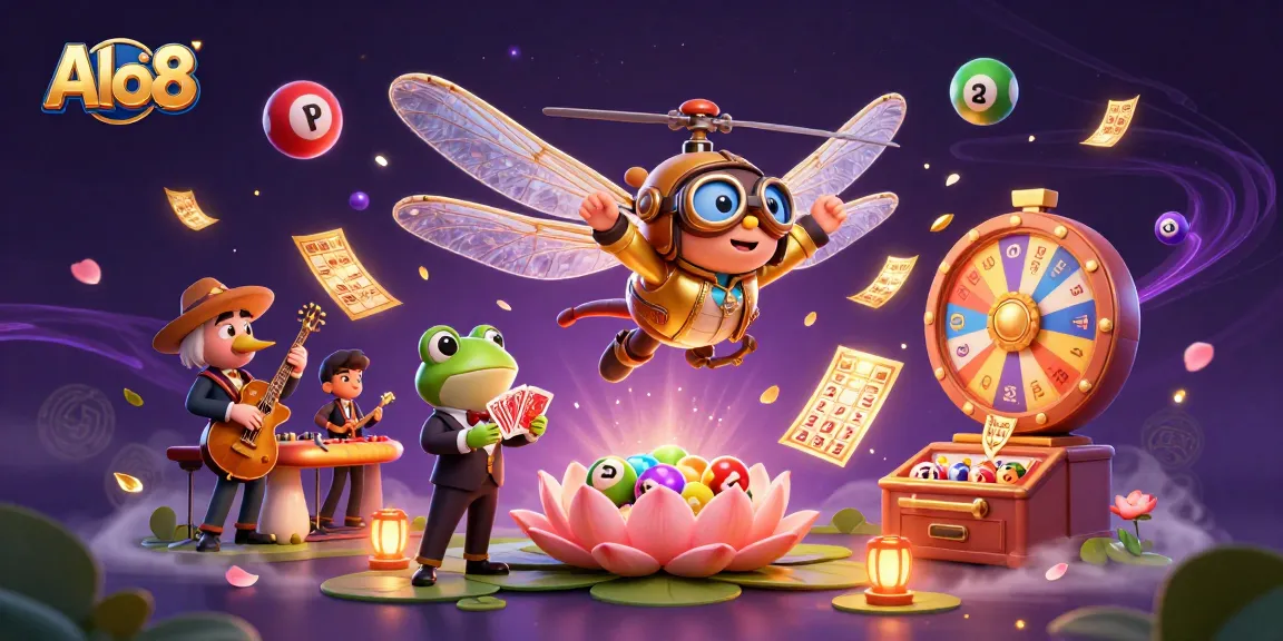 Alo8 offers an exhilarating casino experience showcasing a vibrant scene with a dragonfly pilot, frog dealer, and lively decorations.