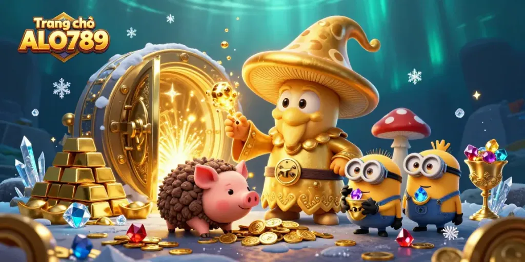Engage with the exciting experience at Trang chủ ALO789, where golden treasures and magical elements abound in this vibrant casino illustration.