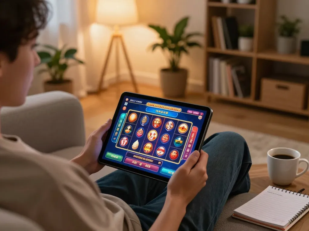 Engaging online casino game with 27G on tablet, cozy home atmosphere