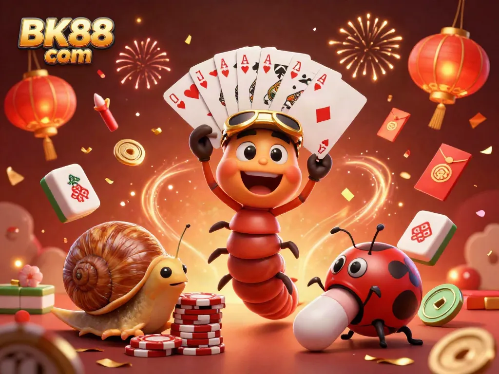 Engage in fun with BK88 com's festive casino scene featuring a cartoon dealer and high roller.