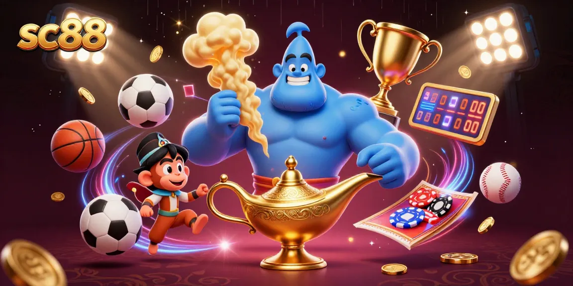 Engage in thrilling gaming at sc88 with a vibrant scene of a genie, monkey, and poker chips surrounded by dynamic sports elements.