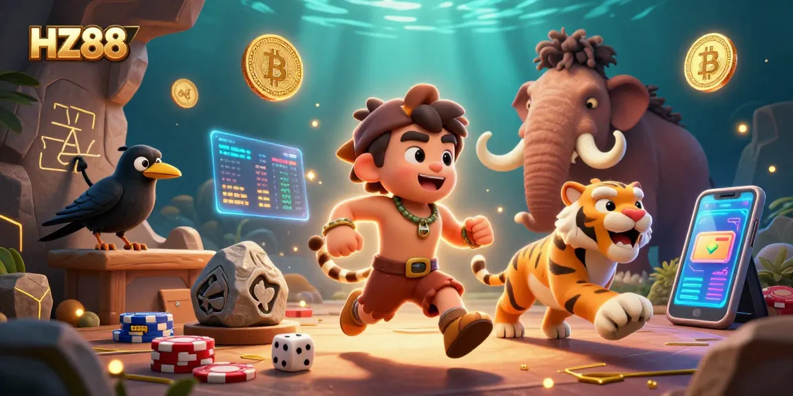 Engage with thrilling games at HZ88, featuring a dynamic prehistoric casino scene with innovative elements.