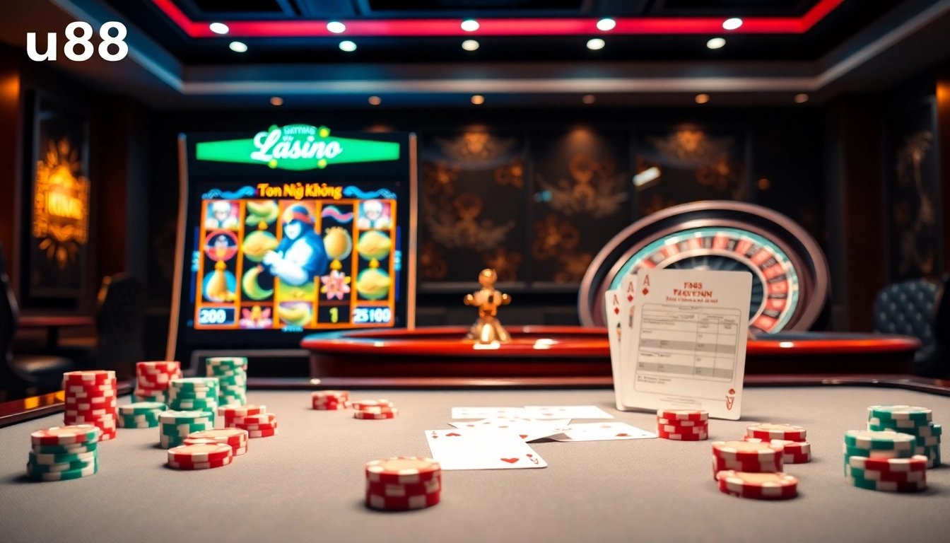 Engage with thrilling games at uu88, featuring vibrant slot machines and modern casino tables.