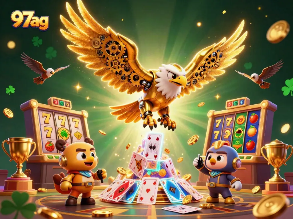 Experience thrilling gameplay with 97ag as a golden eagle dives through layers of slot reels and vibrant coins.