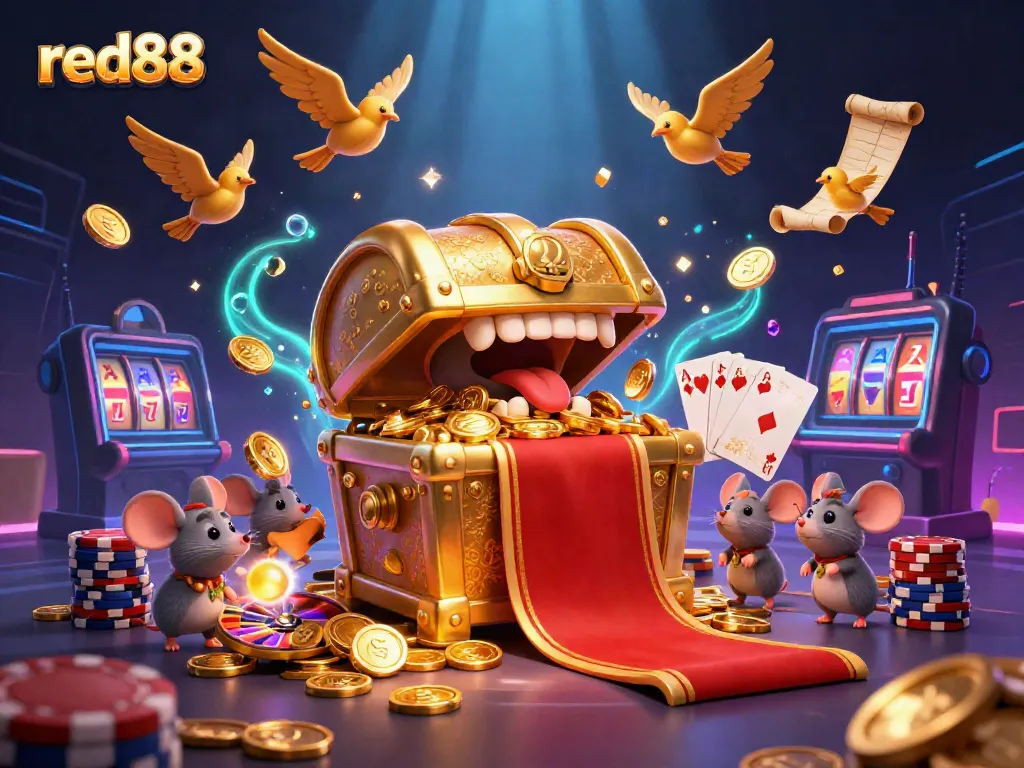 Experience excitement at red88 with a treasure chest and dynamic casino elements illustrating grand winnings.