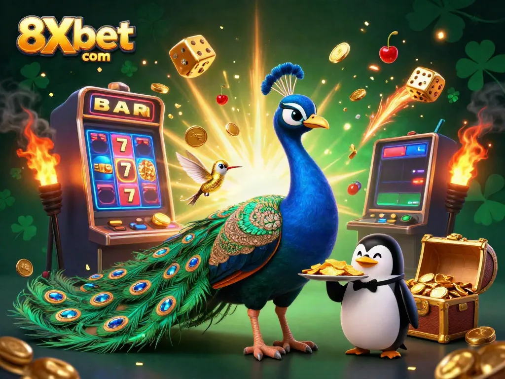 Engage in exciting gameplay with 8Xbet com represented by vibrant casino elements and characters.