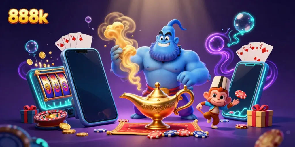 Engage with 888k’s magical online casino world featuring a genie, poker chips, and a vibrant slot game.