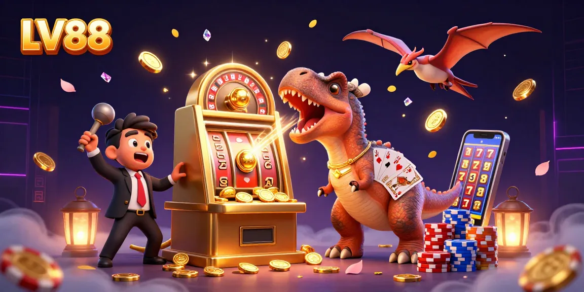 Experience the excitement of LV88 as cartoon dinosaurs celebrate jackpots with golden coins in a vibrant casino scene.