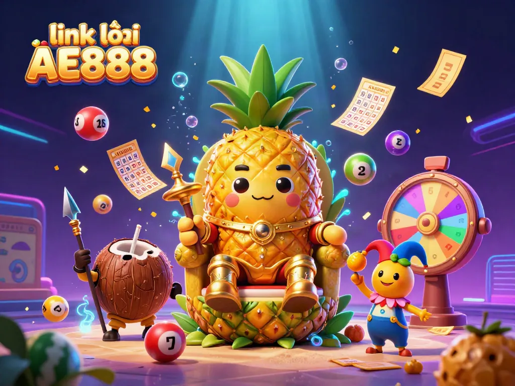 Engage in the fun of link vào AE888 with the vibrant beach casino scene featuring a golden pineapple king and colorful lottery elements.
