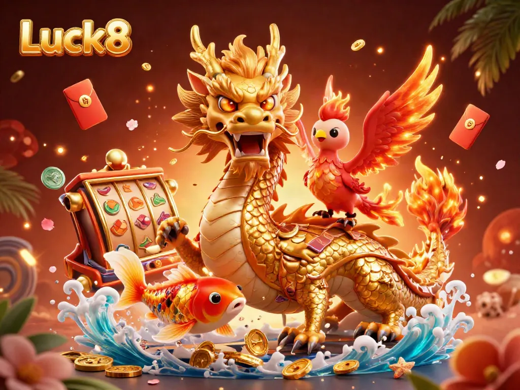 Experience the thrill of gaming at Luck8 with a dragon, phoenix, and koi fish amid vibrant casino elements.