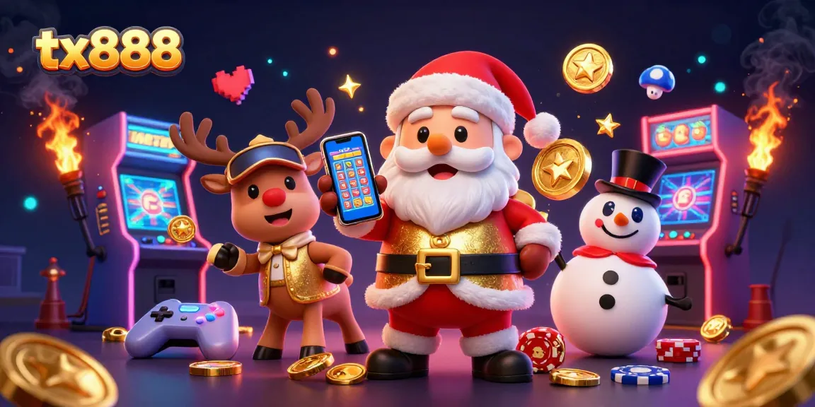 Celebrate jackpots with tx888, featuring Santa, reindeer, and a snowman in a bustling casino scene.