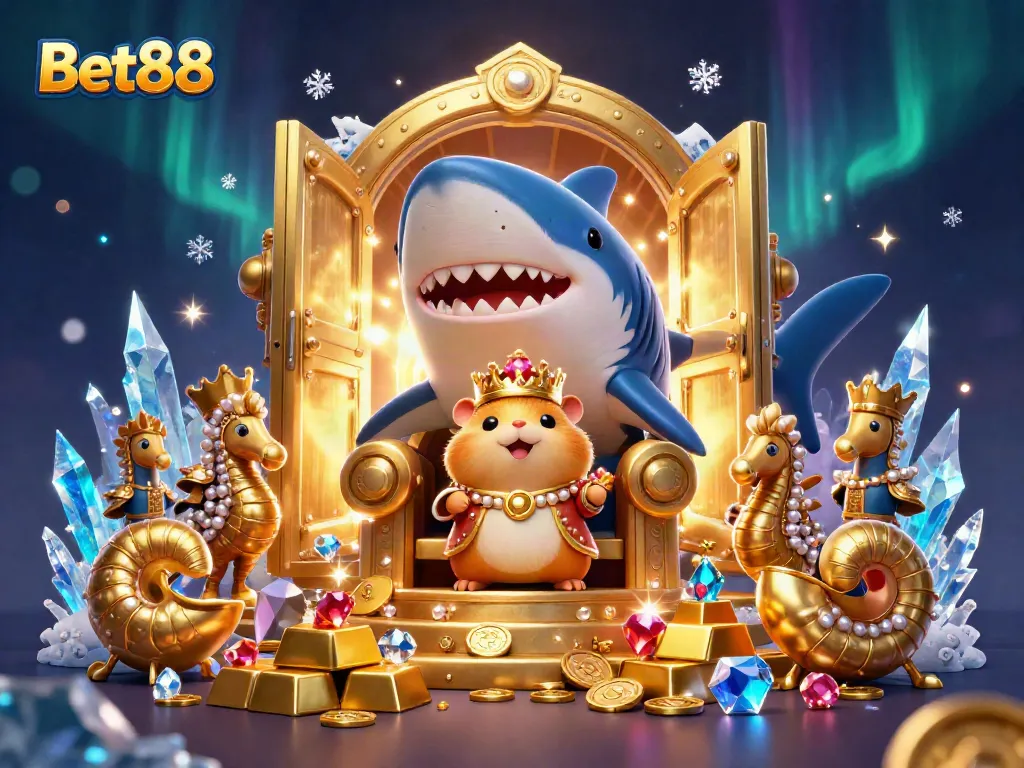 Experience Bet88’s vibrant gaming world with golden treasures and a tiny golden hamster king.