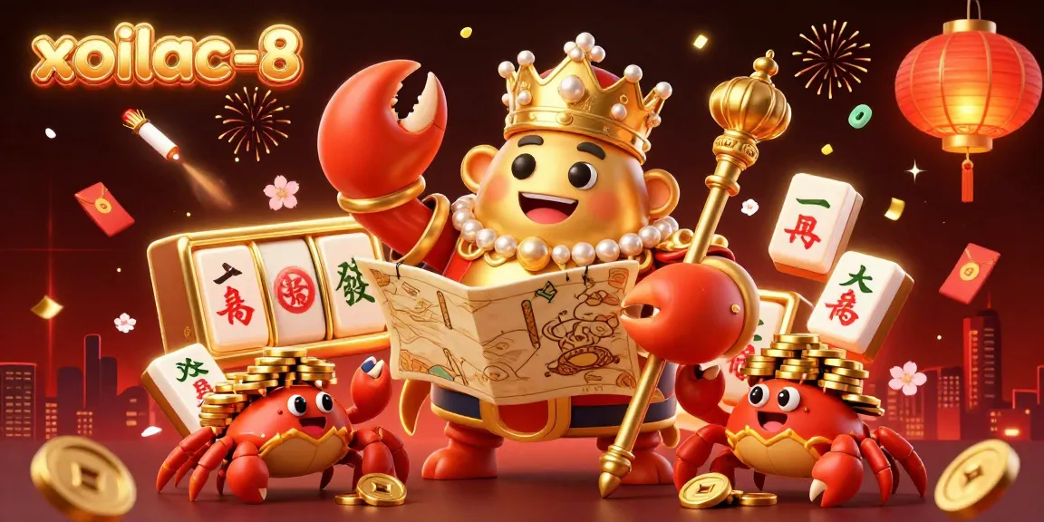 Xoilac-8 showcases a vibrant 3D golden crab emperor and lucky symbols, enticing gamblers.