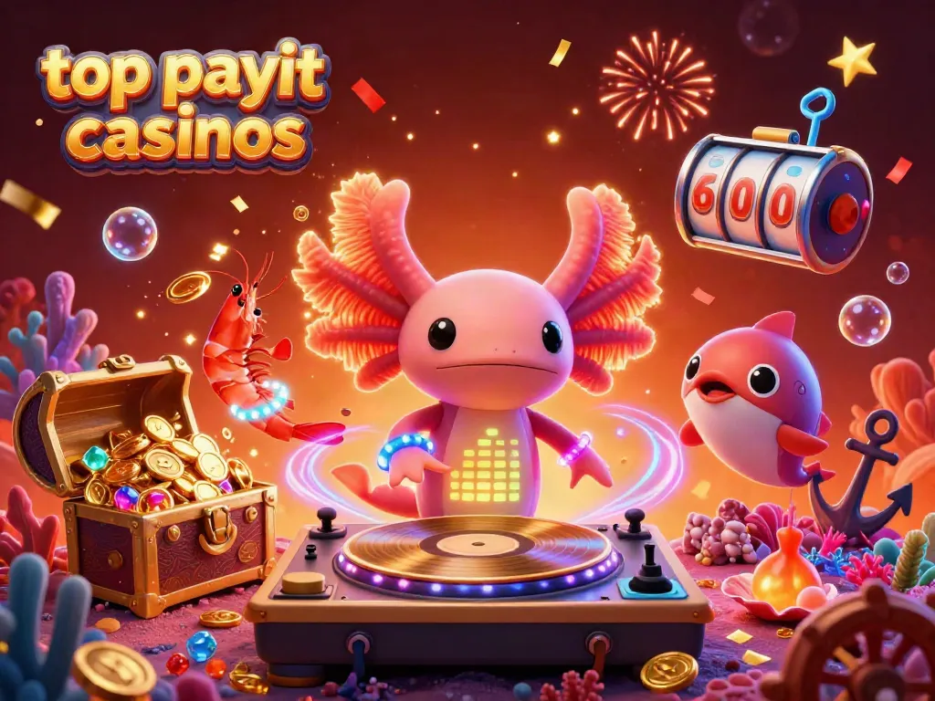 Experience vibrant action at top payout casinos featuring glowing underwater elements and a lively axolotl DJ.